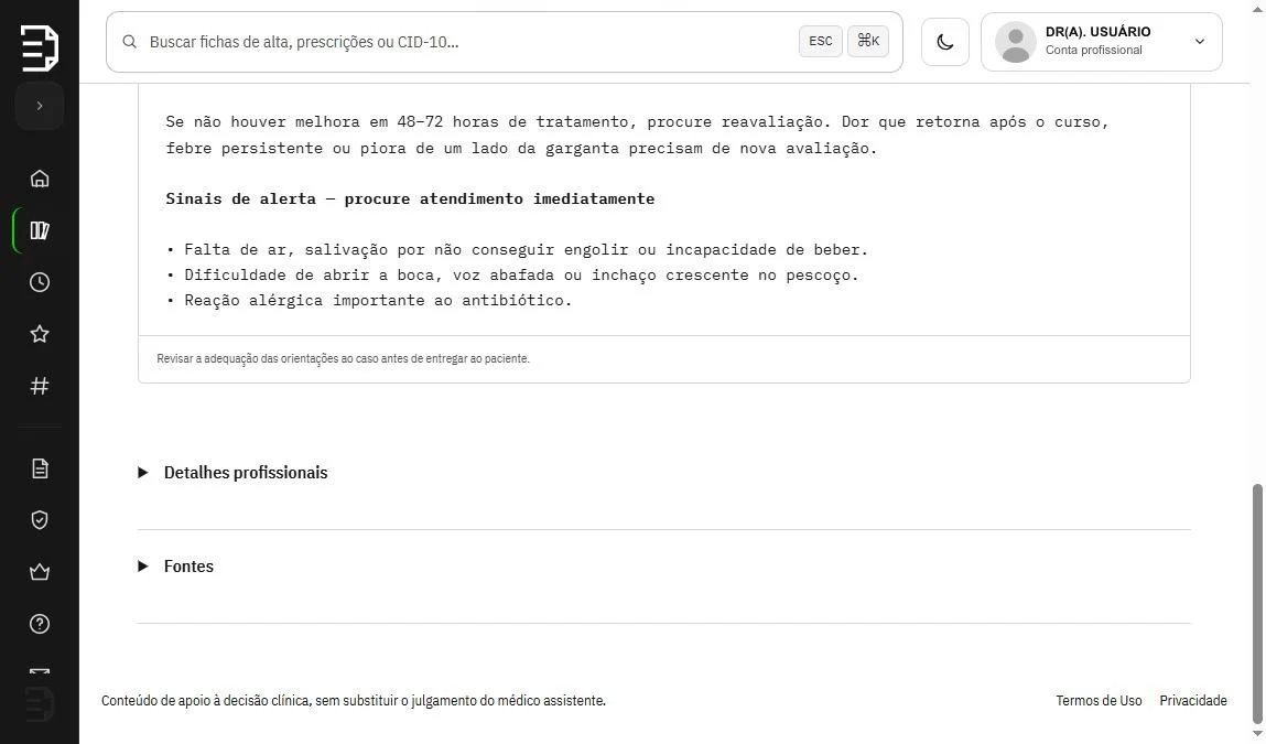 Detalhes profissionais e fontes da ficha